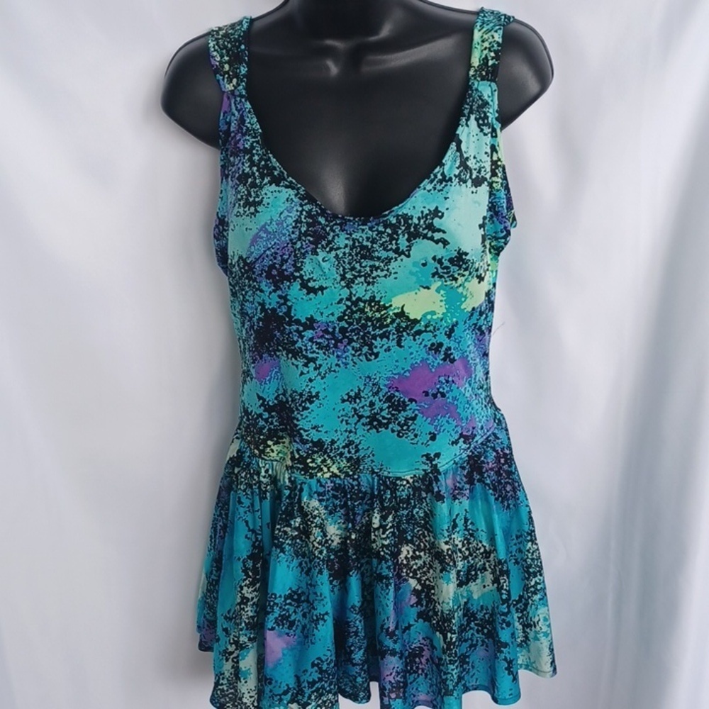 Rose Marie Reid Plus RETRO one pc skirt Swimsuit, Sz 18, Turquoise Splatter